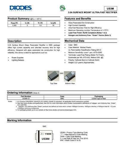 Diodo Rect.Ultrarrápido US3M, US3M-13, 1KV/3A 70ns SMC Diodes Inc. - Imagen 4