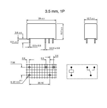 Relé 12Vdc, 12A/250V, SPDT, 2+3 Pin, Paso 3.5mm HF115F/012 - Imagen 3