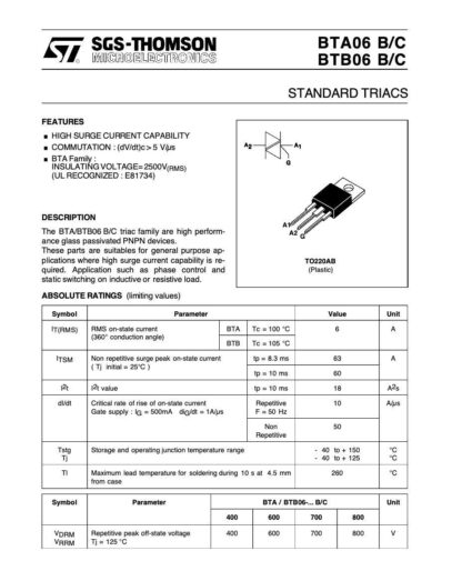 TRIAC BTA06-400B BTA06-400BRG, STMicroelectronics - Imagen 4