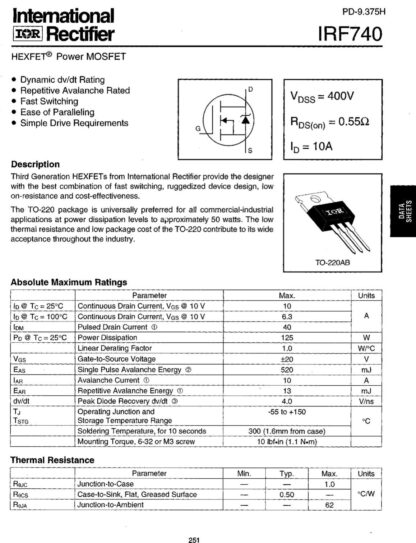 Transistor IRF740 IRF740PBF HEXFET® TO-220 I&R - Imagen 3