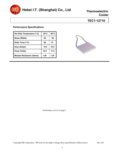 CELULA PELTIER TEC1-12710 HEBEI 40x40x3,2mm 12V 100W - Imagen 3