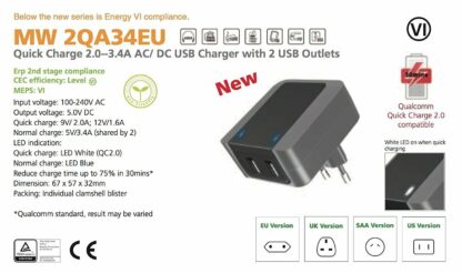 Cargador alimentador 100-240V doble USB 'carga rápida' (Qualcomm Quick Charge) - Imagen 3
