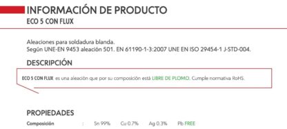 Estaño Sin Plomo *Sn99/Cu0,7/Ag0,3* 1mm 100gr BROQUETAS - Imagen 3