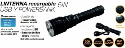 Linterna recargable USB, 5W + función PowerBank