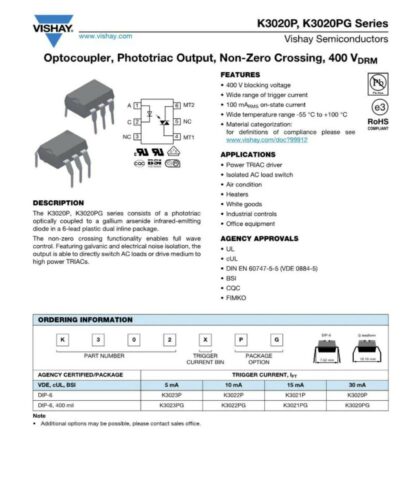 Optotriac K3023PG VDE VISHAY, DIP-6, Patillas Separadas 10,16mm - Imagen 3