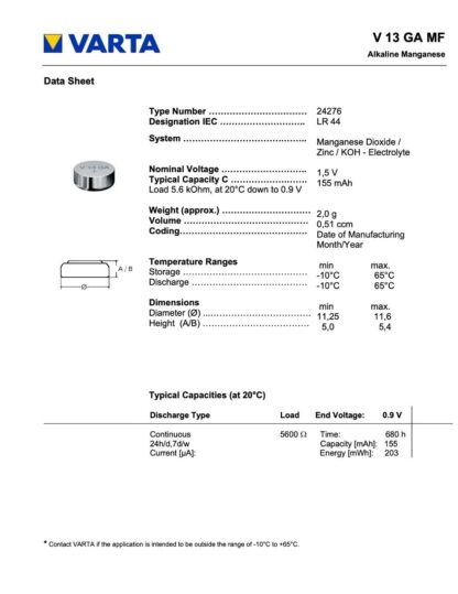 Pila LR44 AG13 V13GA VARTA 1,5V Ø11,6x5,40mm (bandeja x50 Unidades) - Imagen 2