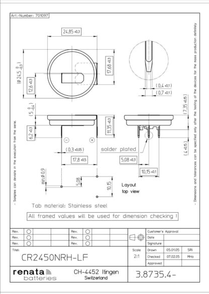 Pila Litio PCB Horizontal 2+1pin CR2450 3V RENATA 540mAh - Imagen 4
