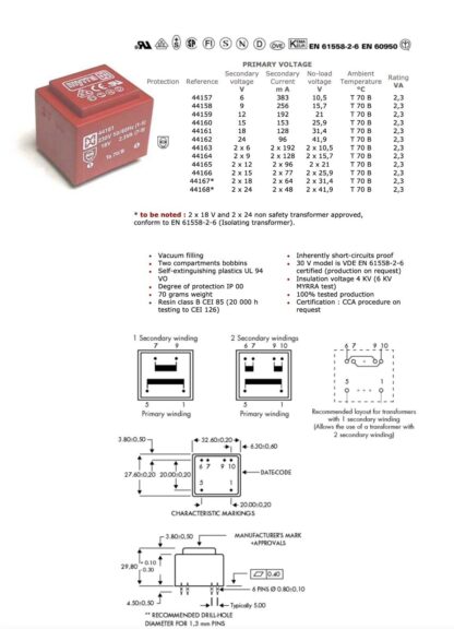 Transformador PCB 2,3VA 230Vac 0-12V + 0-12V MYRRA 44165 - Imagen 2