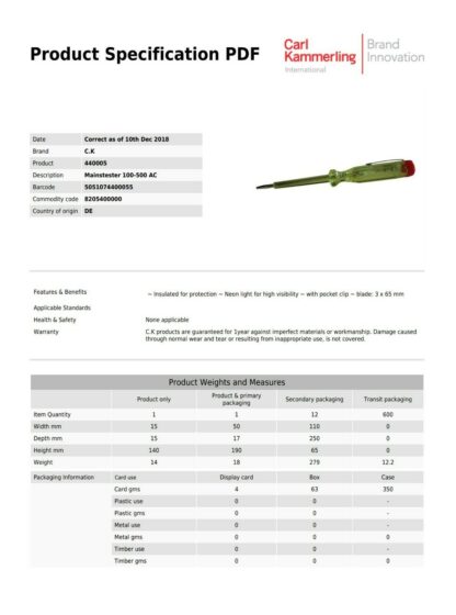 Destornillador Buscapolos Aislado 3x65mm, Largo 14cm, C.K TOOLS - Imagen 4