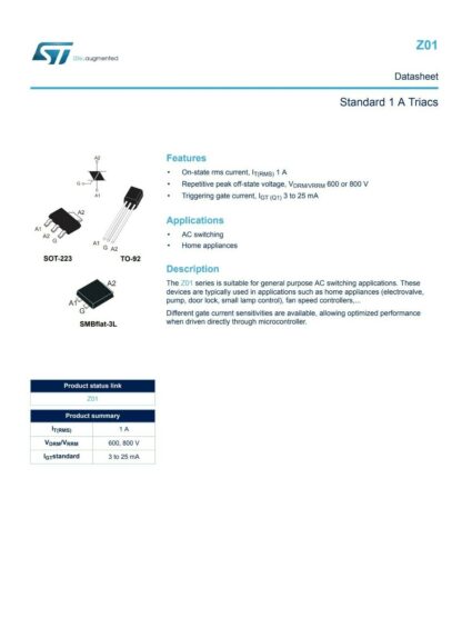 TRIAC Z3M, Z0103MN 5AA4, SOT-223, 1A/600V 3mA - Imagen 3
